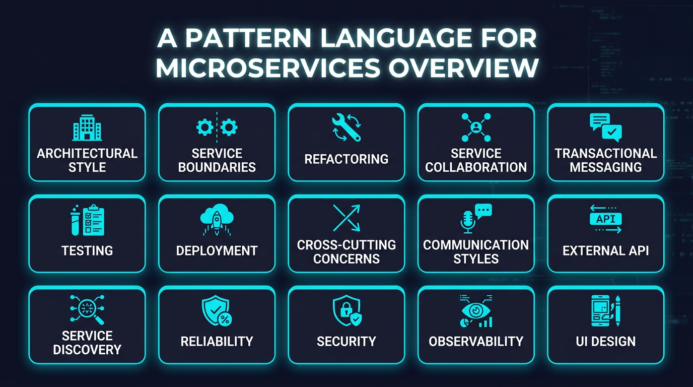 A pattern language for microservices — overview of categories: architectural style, service boundaries, refactoring, service collaboration, transactional messaging, testing, deployment, cross-cutting concerns, communication, external API, service discovery, reliability, security, observability, UI design